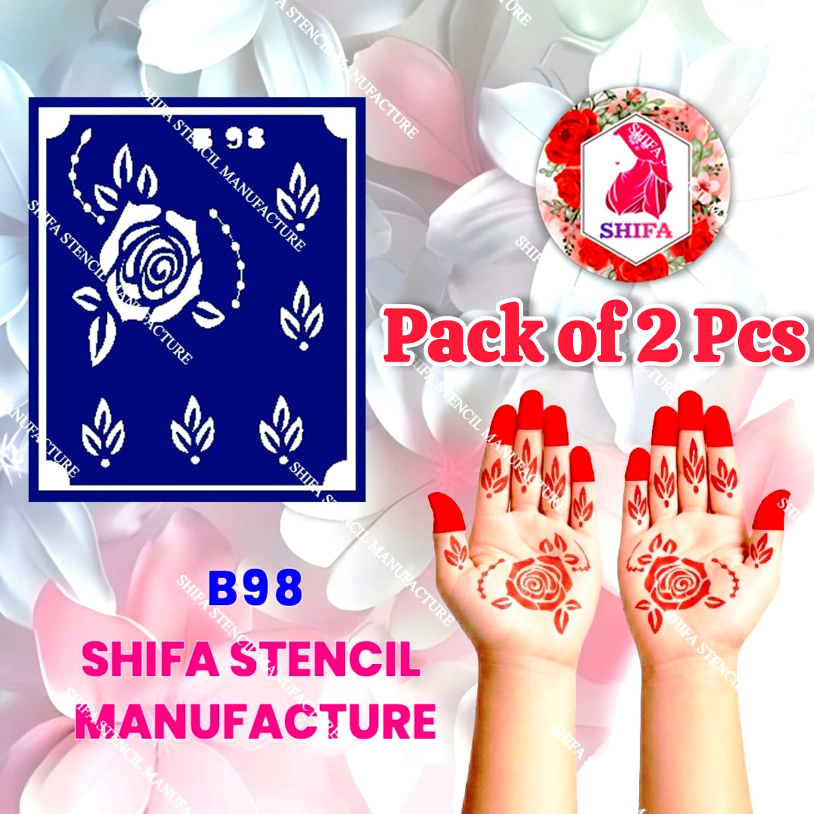 B98 (age 5 to 10) Rose Aura Elegance Double Hand Henna Stencil - Shifa Stencil